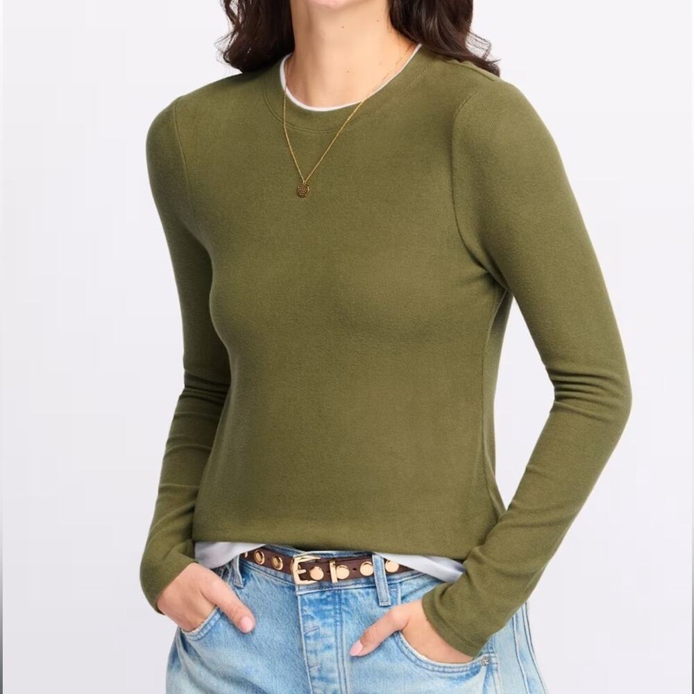 NINE BRITTON Char Pre-Layered Crew Neck Knit Top Green Sz L